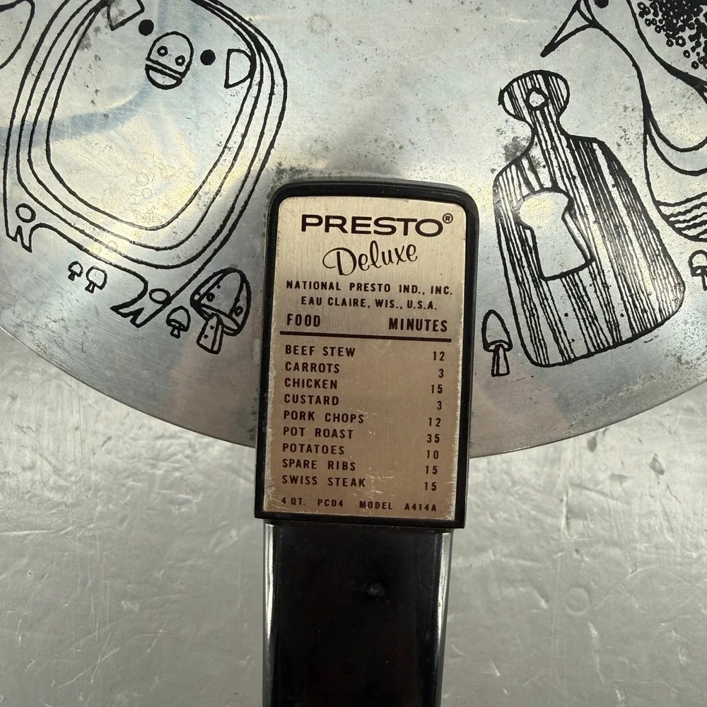 Vintage Presto Deluxe 4 Qt Pressure Cooker Model A414A Graphic Lid Made in‎ USA